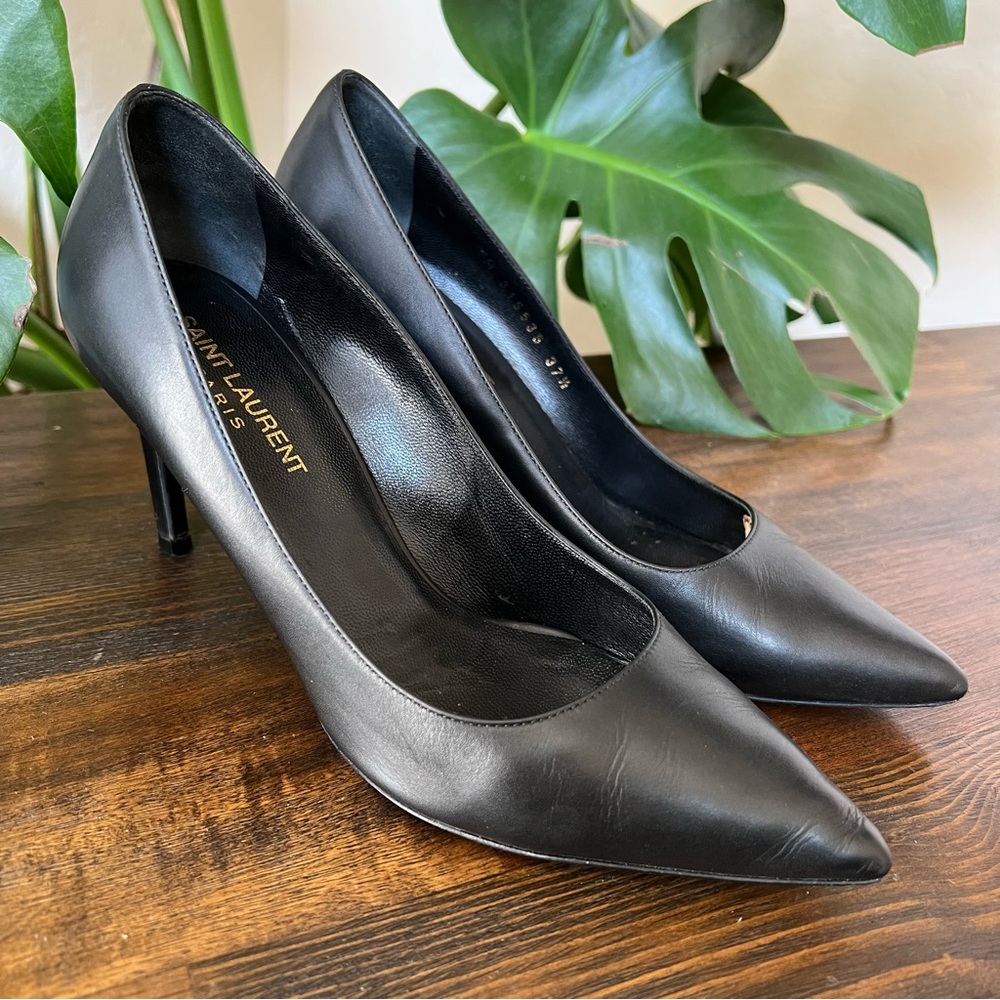 Saint Laurent Black Leather Pointed Toe Heels 37.5 $875 - Picture 4 of 17